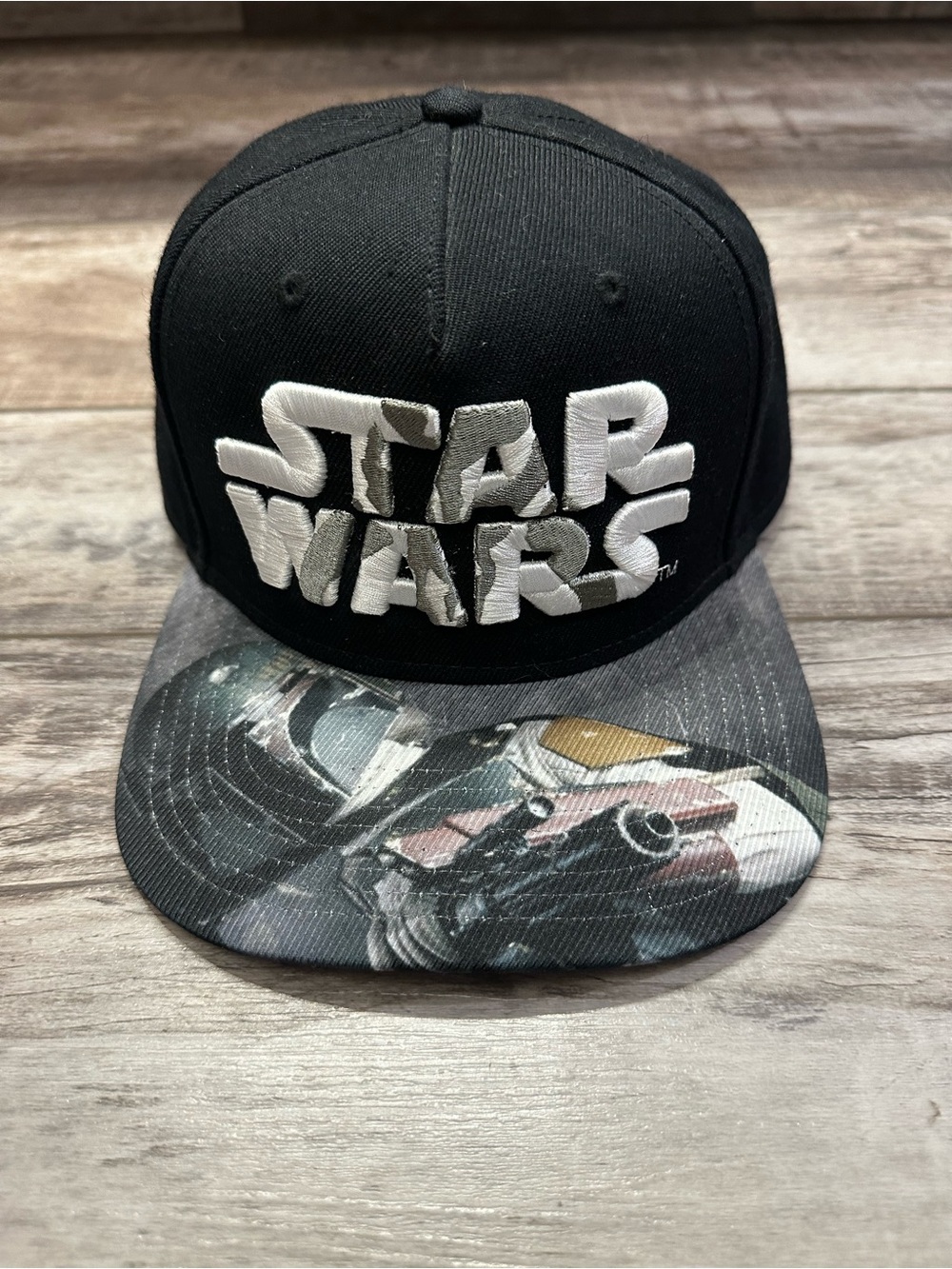 Star Wars Black Snapback Hat with White Embroidered Logo and Printed Visor